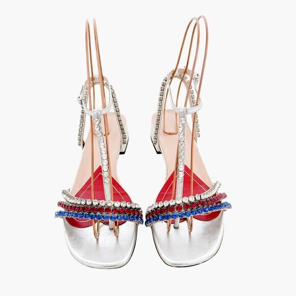 Gucci Bertie Crystal T-Strap Flat Sandals EU 37.5 US 7.5 Silver Red White Blue - Picture 2 of 13